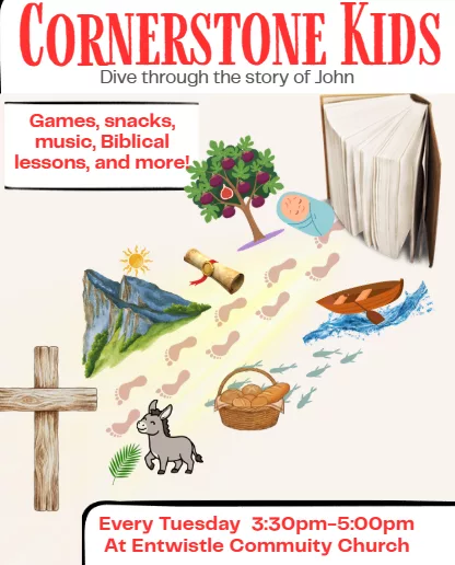 Cornerstone Kids is a new program at Entwistle Community Church. Anyone ages 6-12 can come and have fun engaging with other kids.